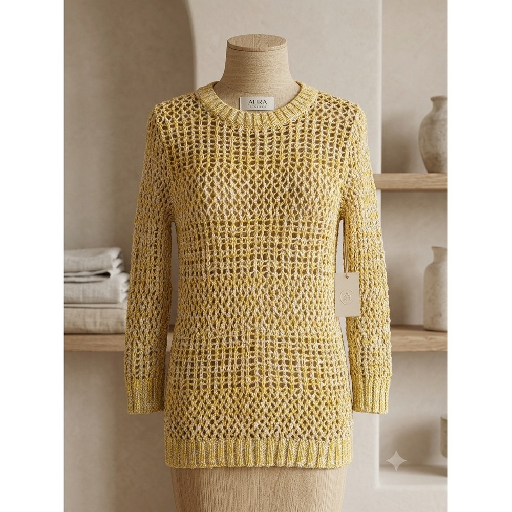 Rubbish Womens XS Yellow White Open Knit Crochet Sweater 3/4 Sleeve Crew Neck